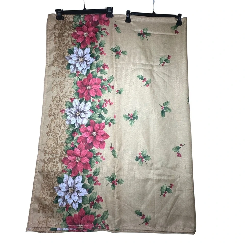 Christmas Poinsettia Floral Tablecloth Gold Red White 60x84 Holiday Rectangular
